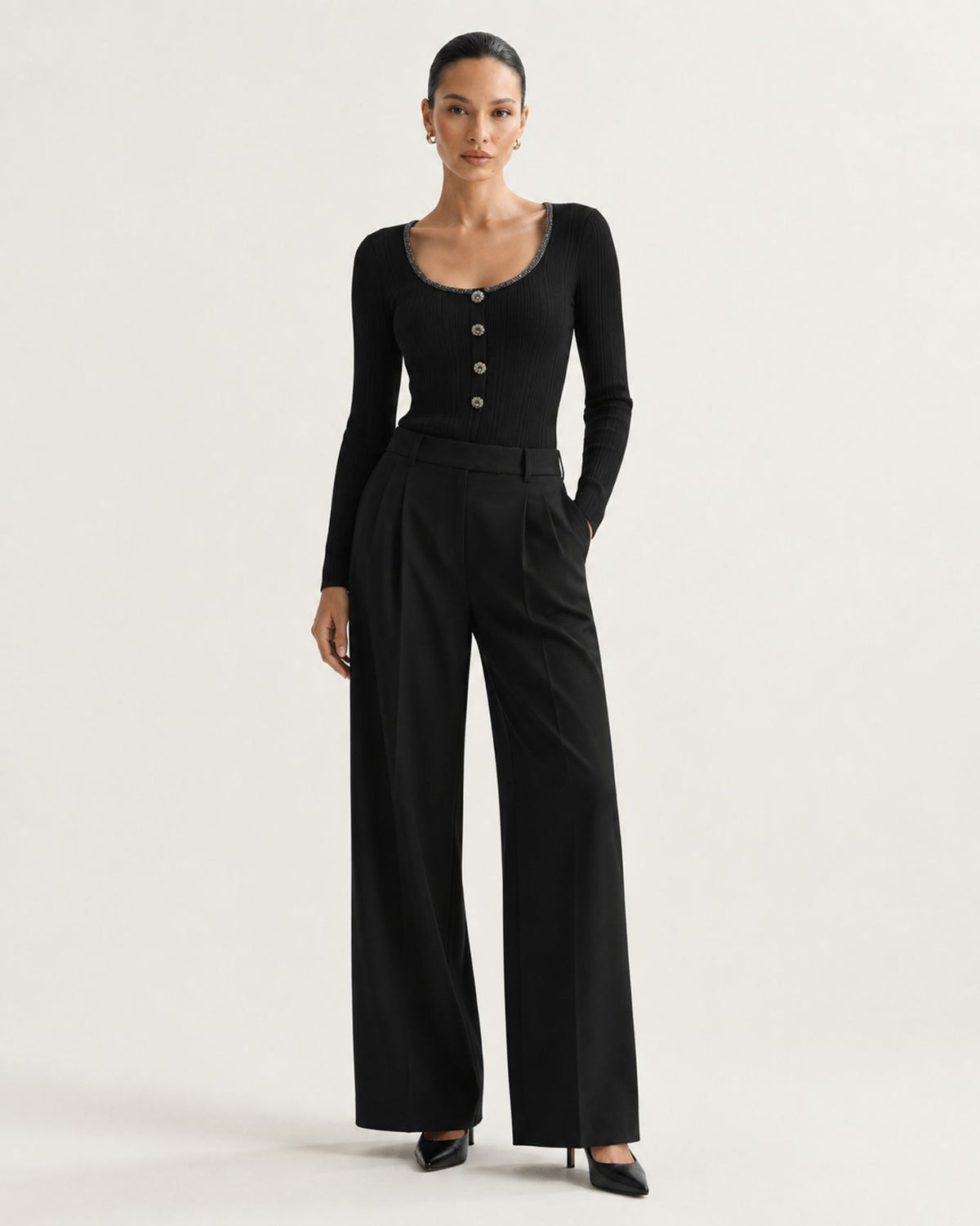 Diamond-Embellished Slim-Fit Scoop Neck Top
