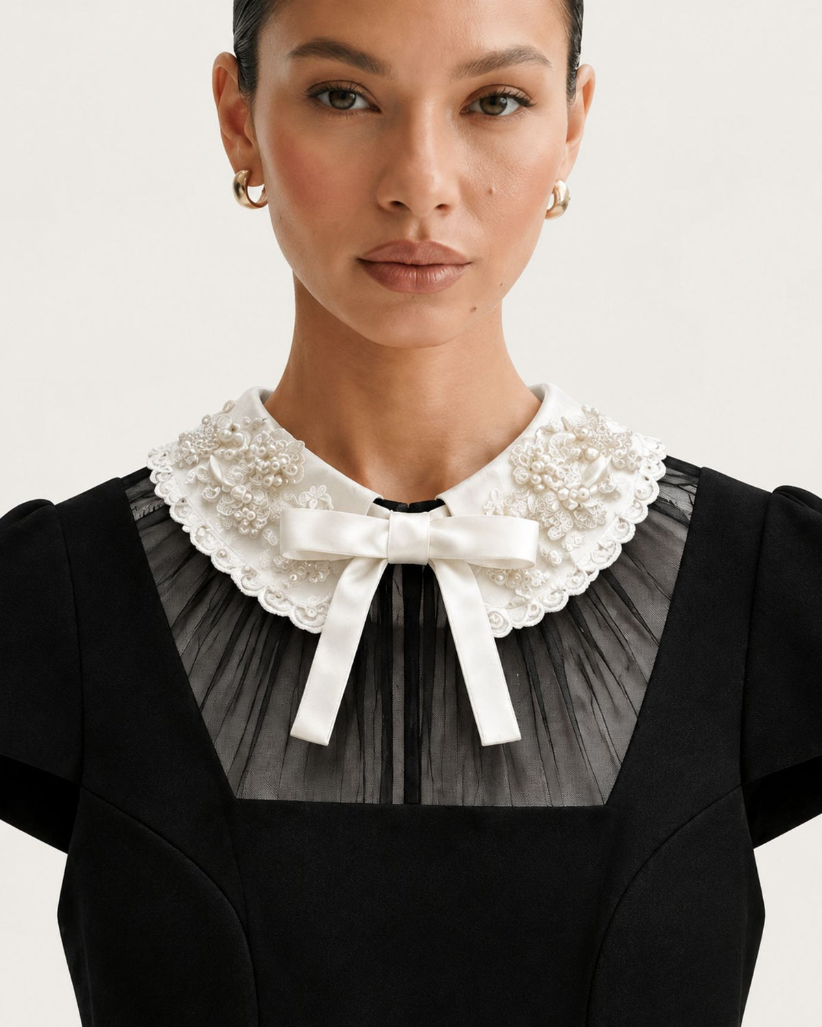 Cinched-Waist Contrast-Trim Bow Midi Black Dress