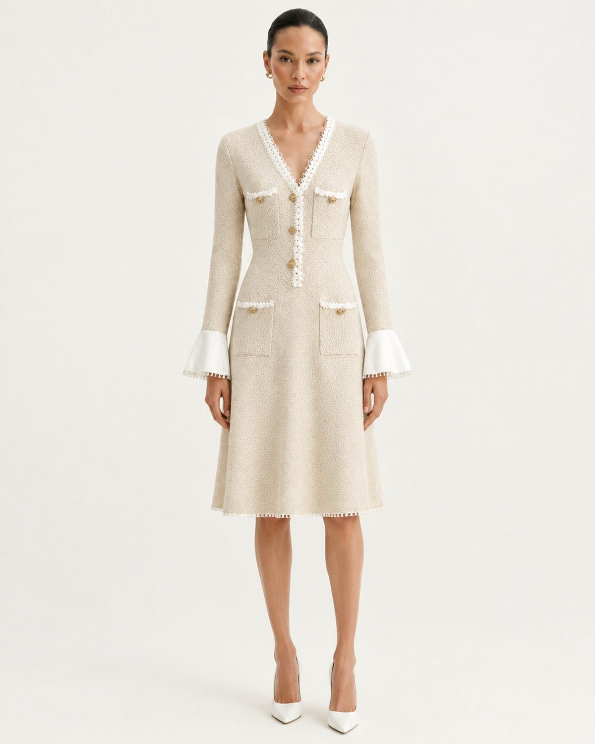 Georgina Long-Sleeve Cutout Ruffle Knit Dress