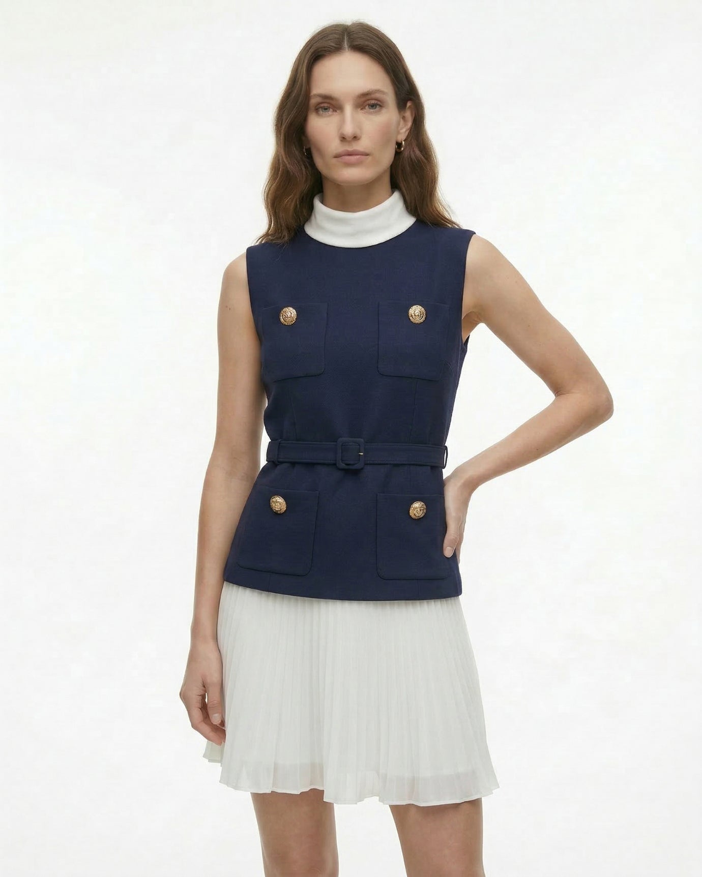 Contrast Collar Pleated Dress Sleeveless Two-Piece Style in Navy & White