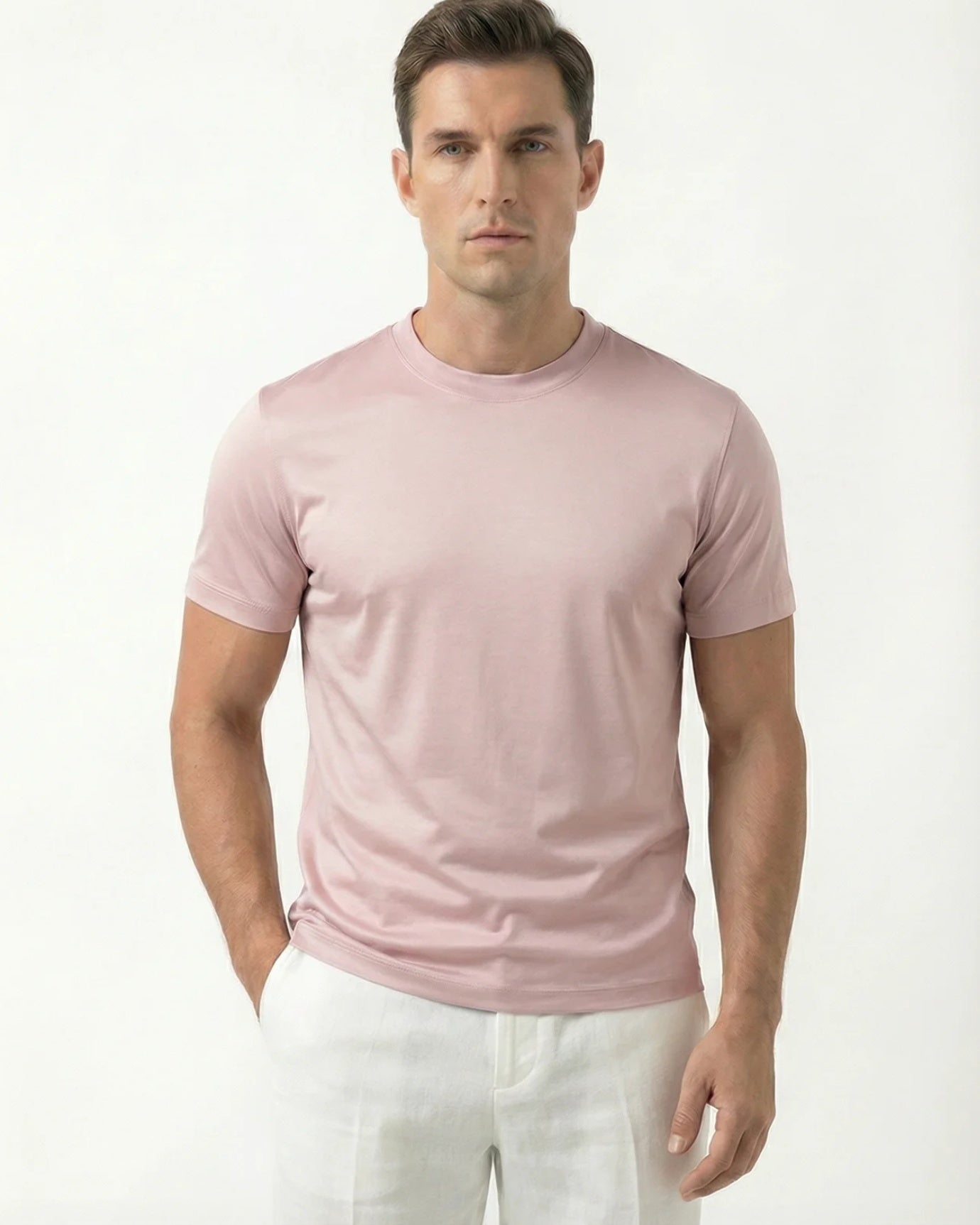 High-Count Pink Mercerized Cotton Round Neck Breathable T-Shirt