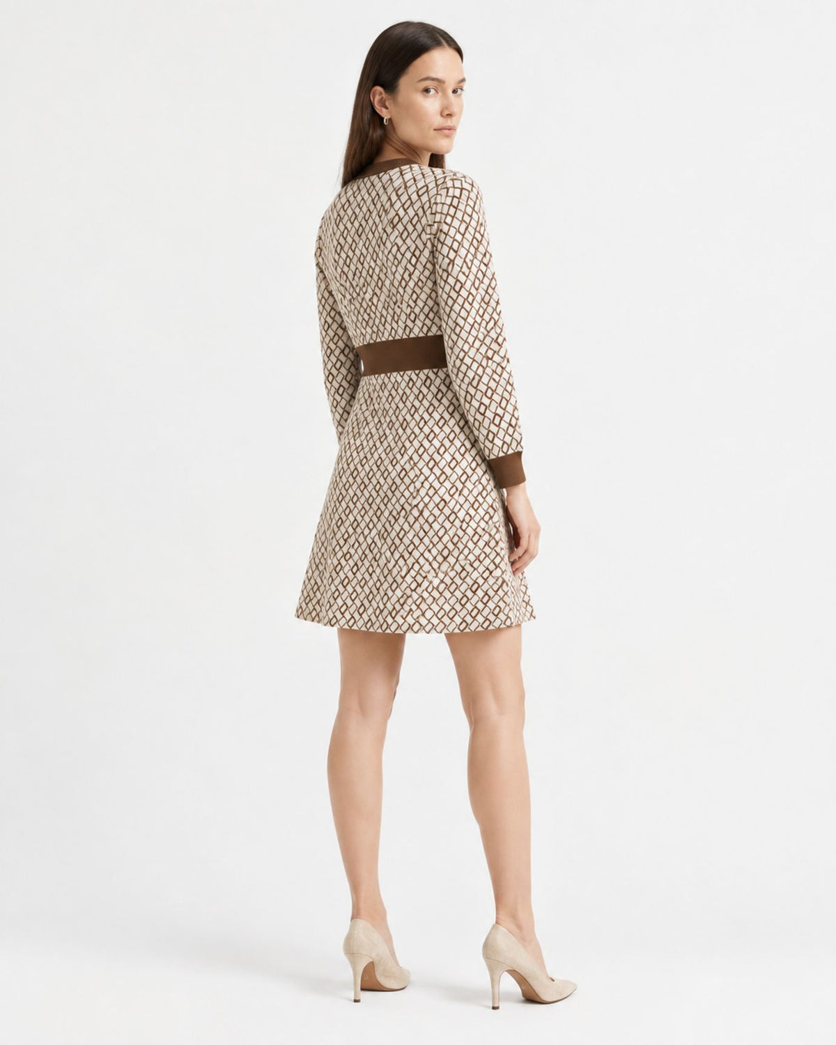Zira Round-Neck Contrast Jacquard Knit Dress with Buckle Waist