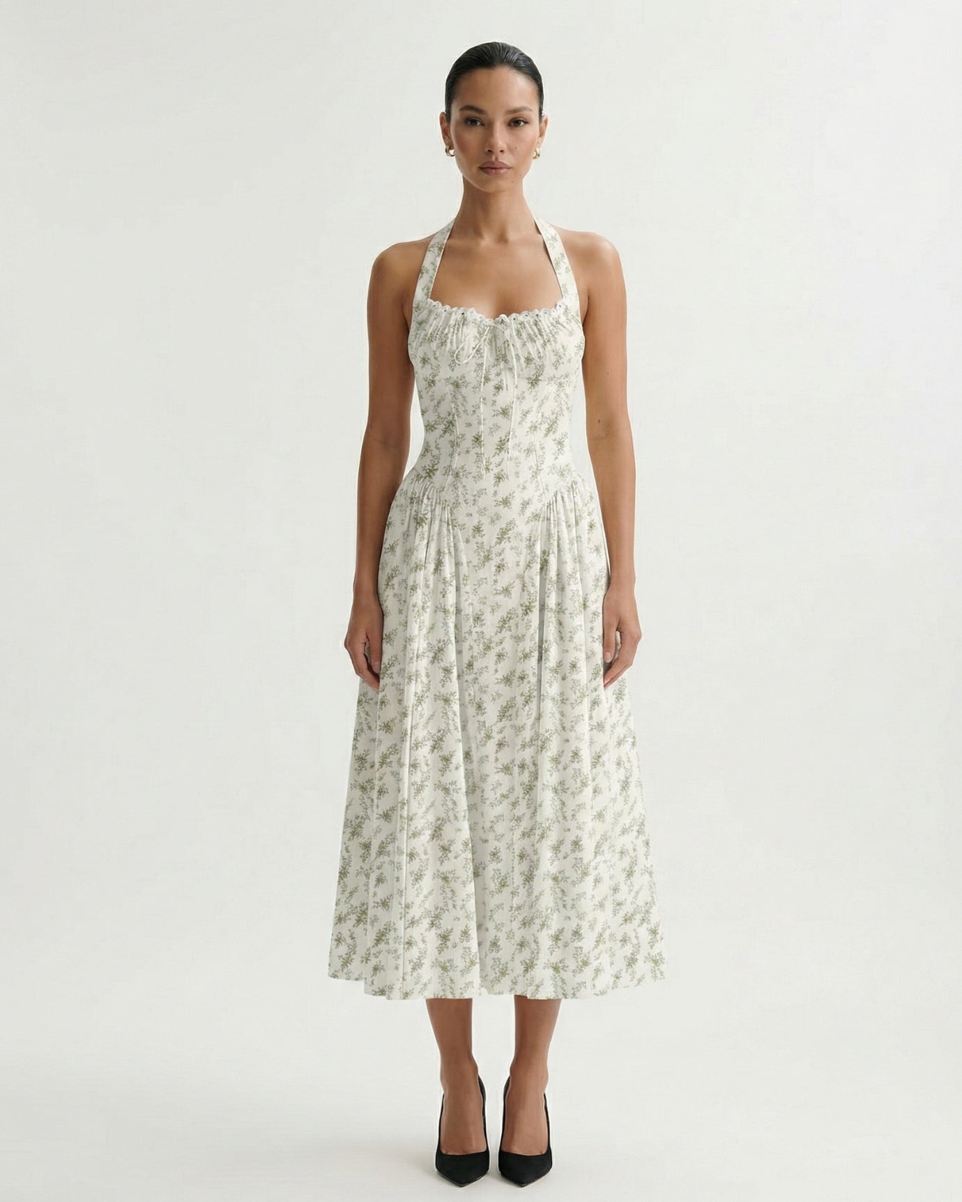 Vestido halter Santorini con hojas verdes