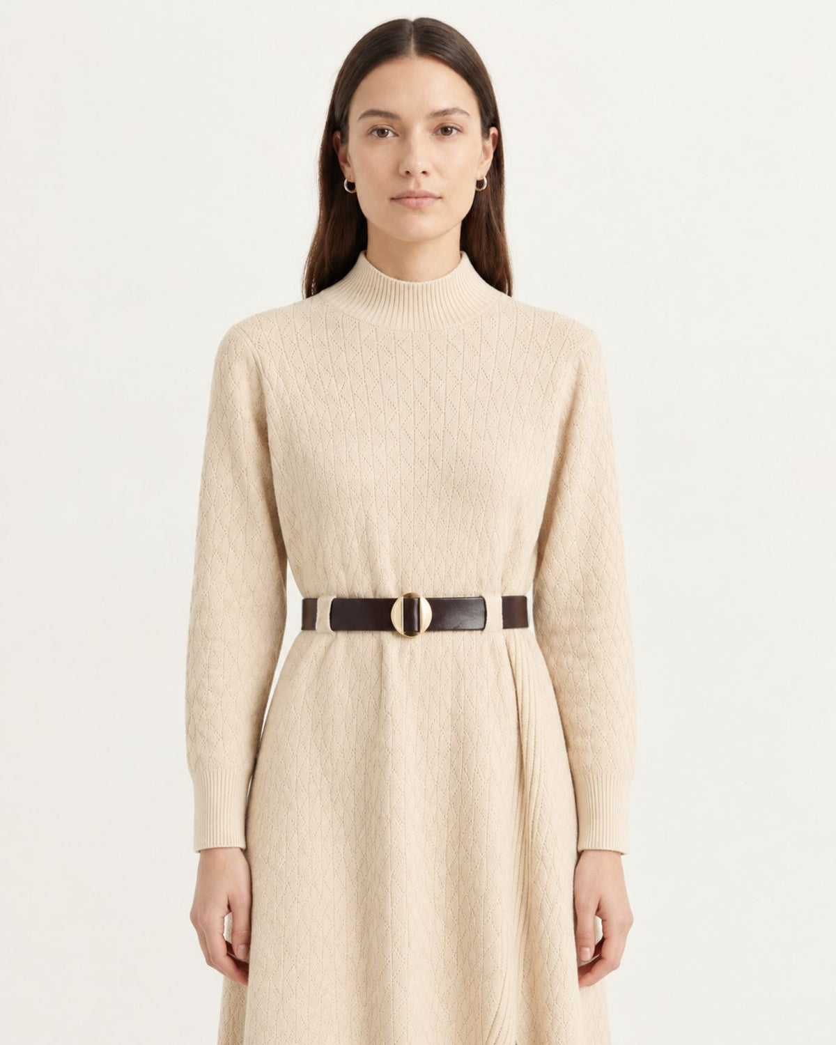 Apricot Elegant Tailored Long-Sleeve Knit Dress