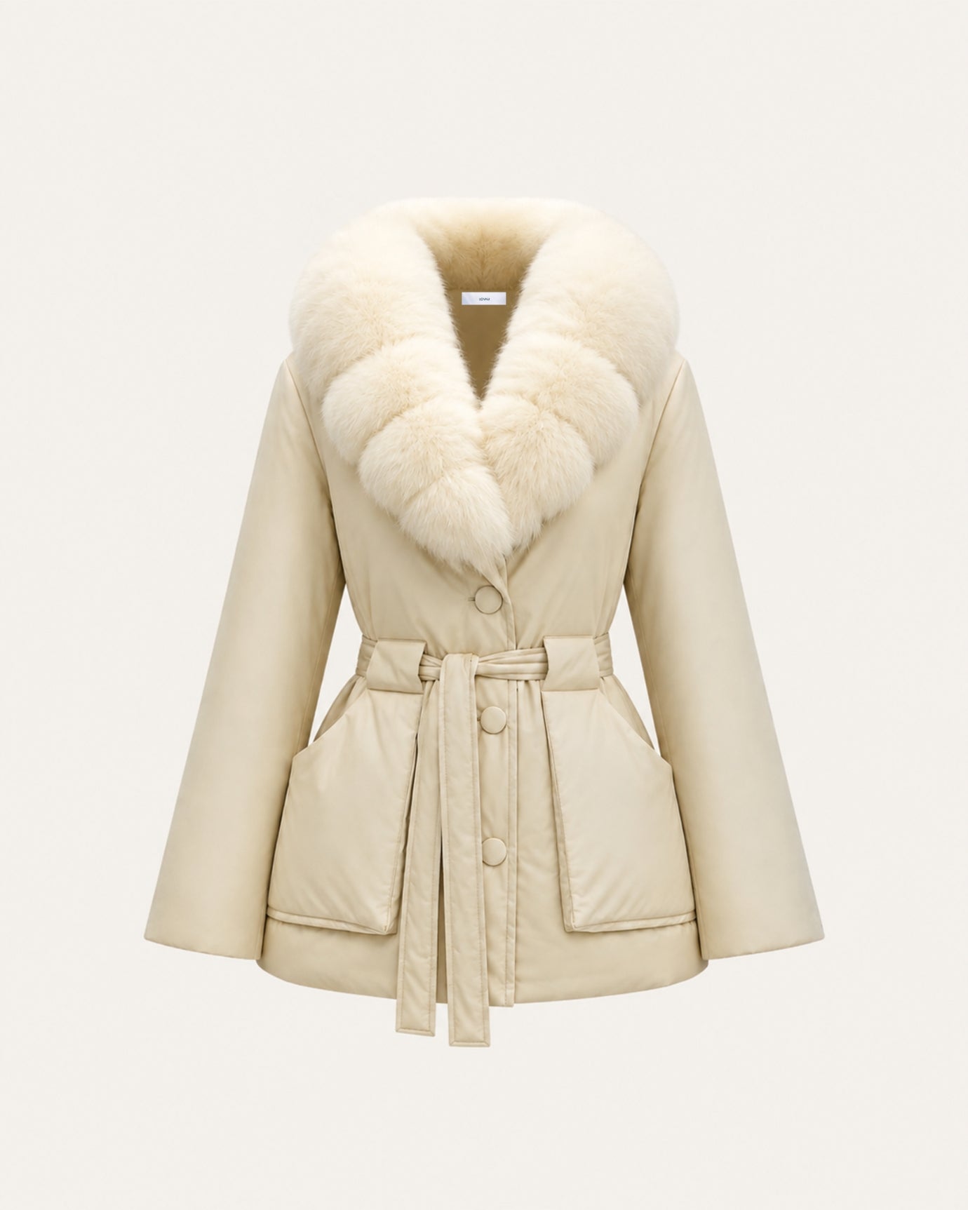 Fox Fur Collar Down Jacket With Belt