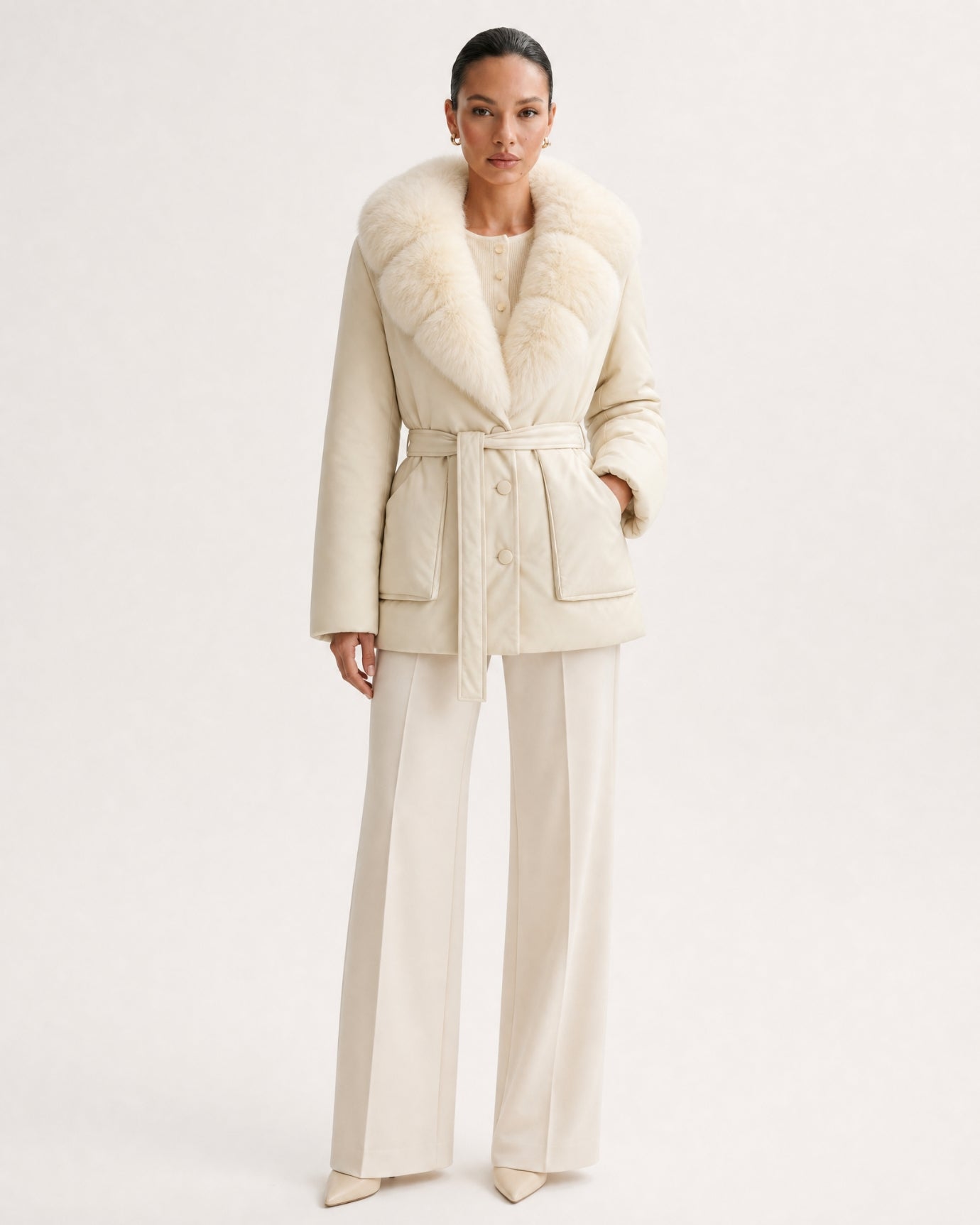 Fox Fur Collar Down Jacket With Belt