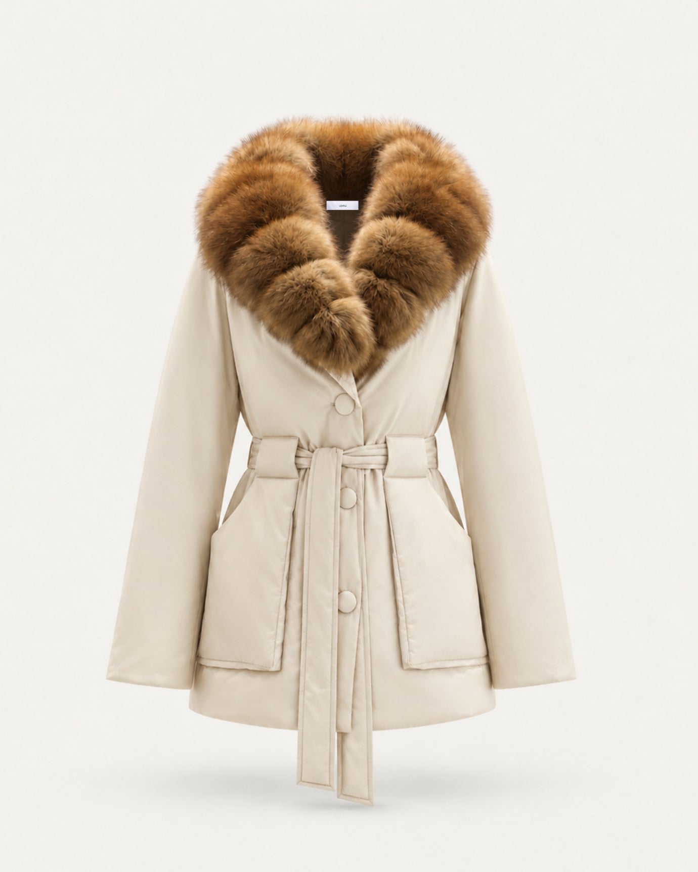 Fox Fur Collar Down Jacket With Belt
