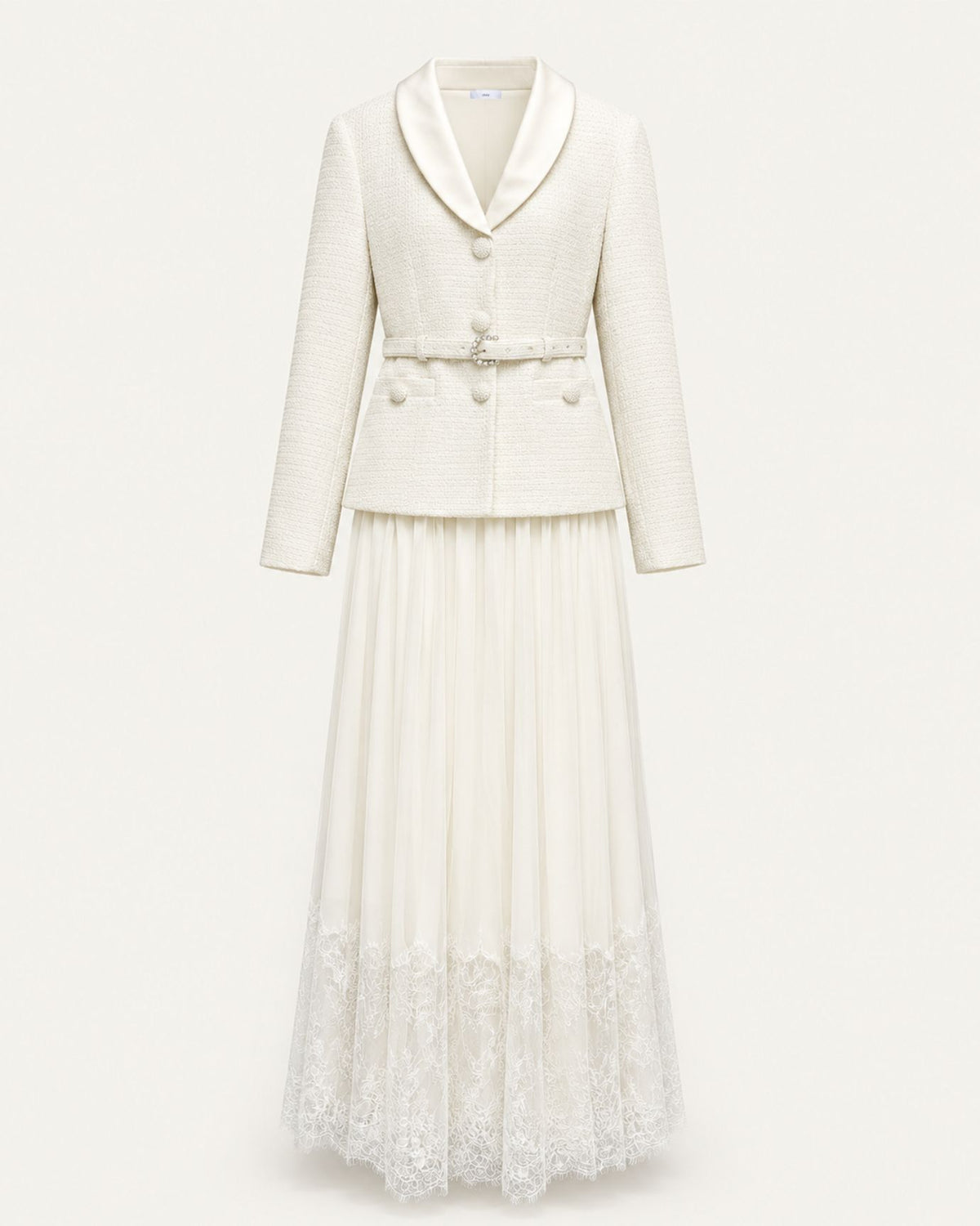 Tailored Lace-Paneled Layered-Look White Maxi Dress