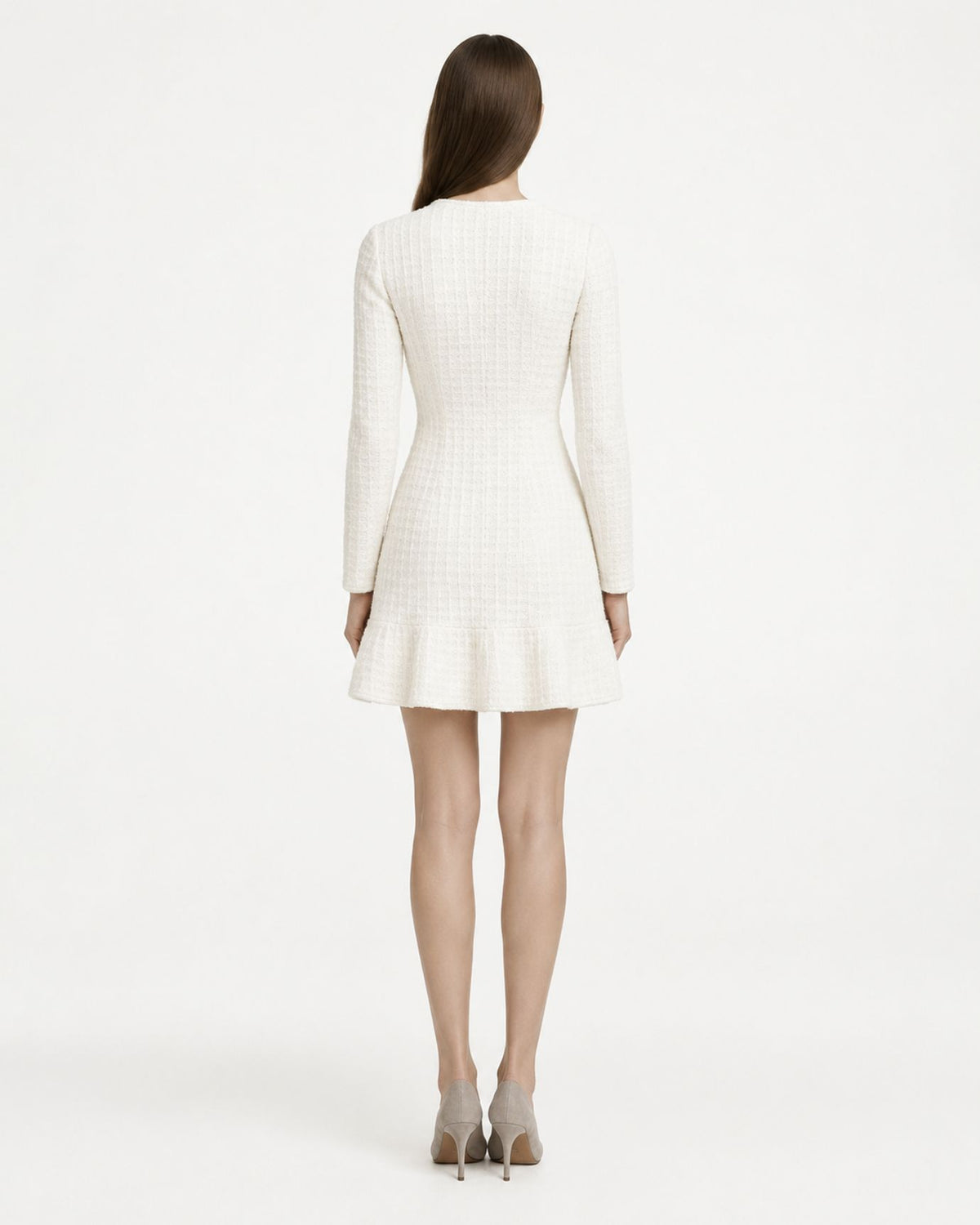 Long-Sleeve Crystal-Embellished Crochet White Dress