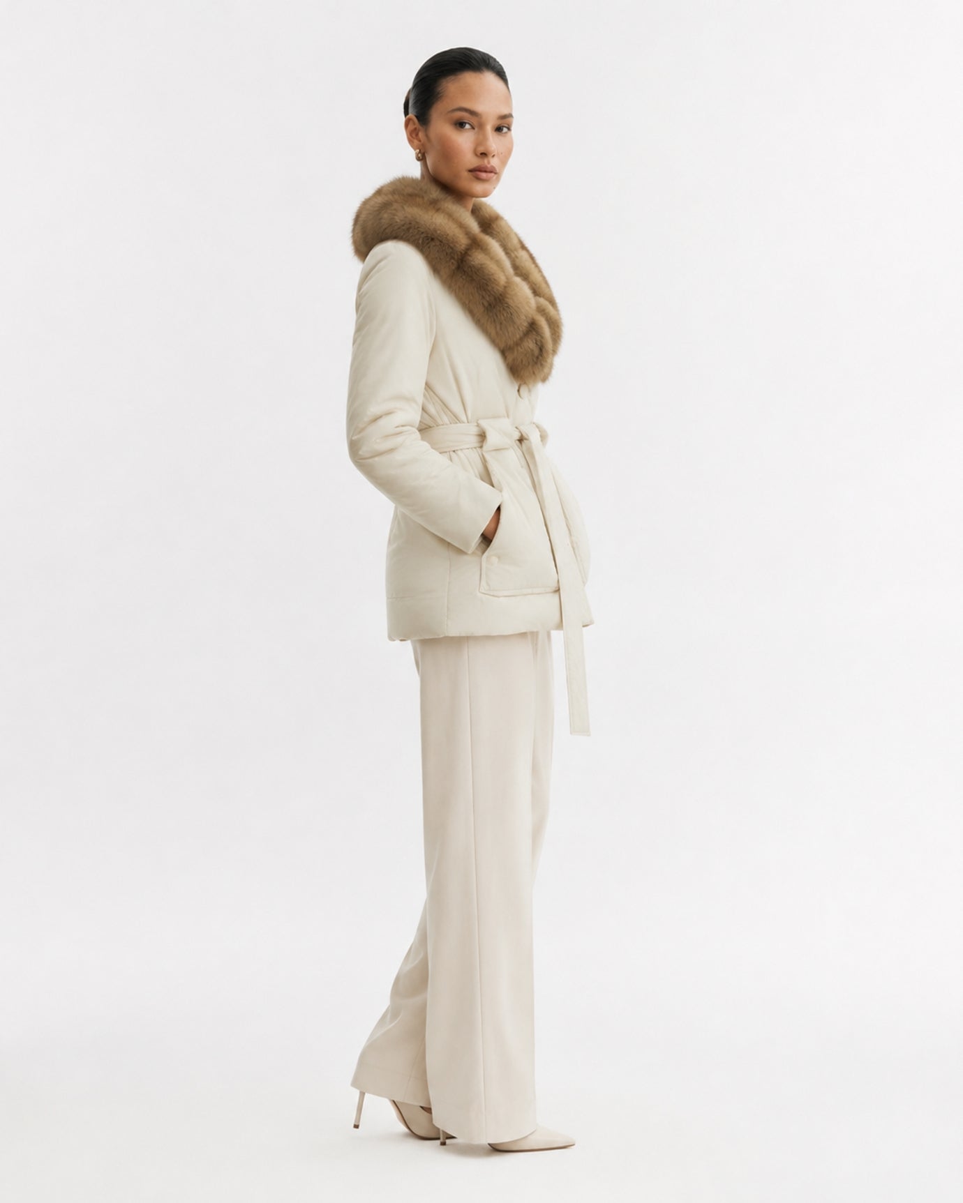 Fox Fur Collar Down Jacket With Belt
