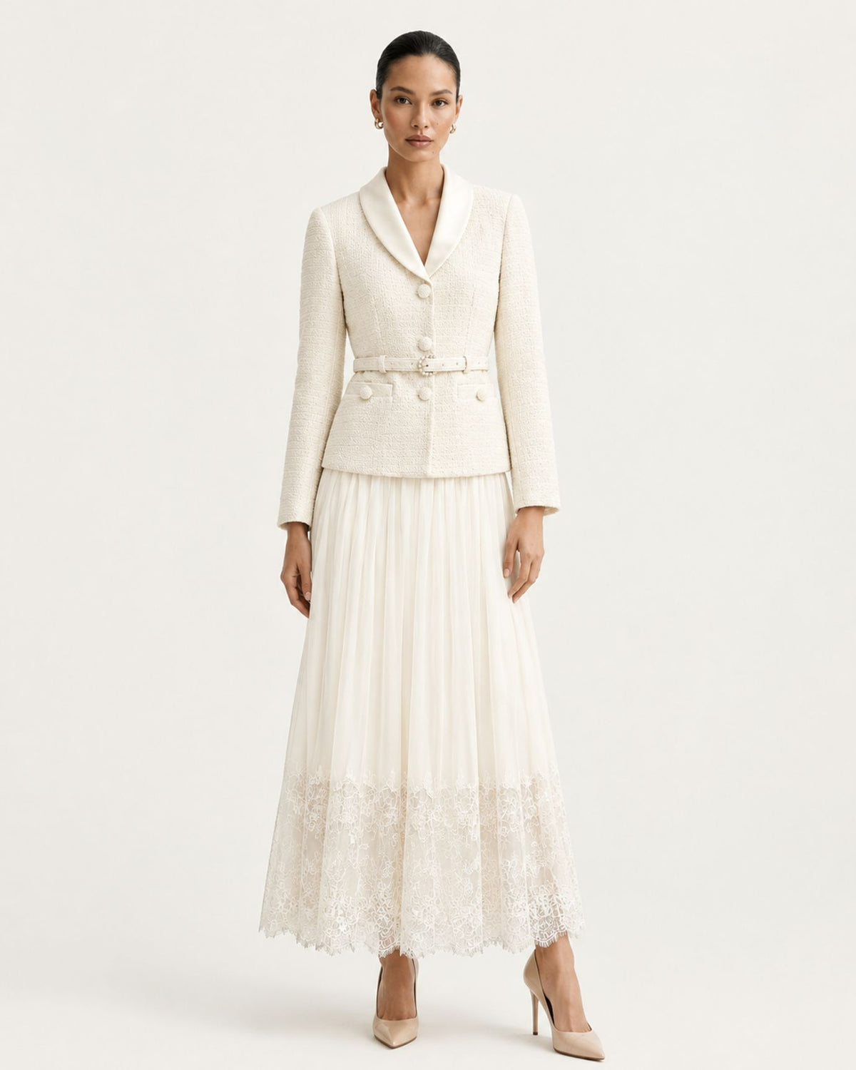 Tailored Lace-Paneled Layered-Look White Maxi Dress