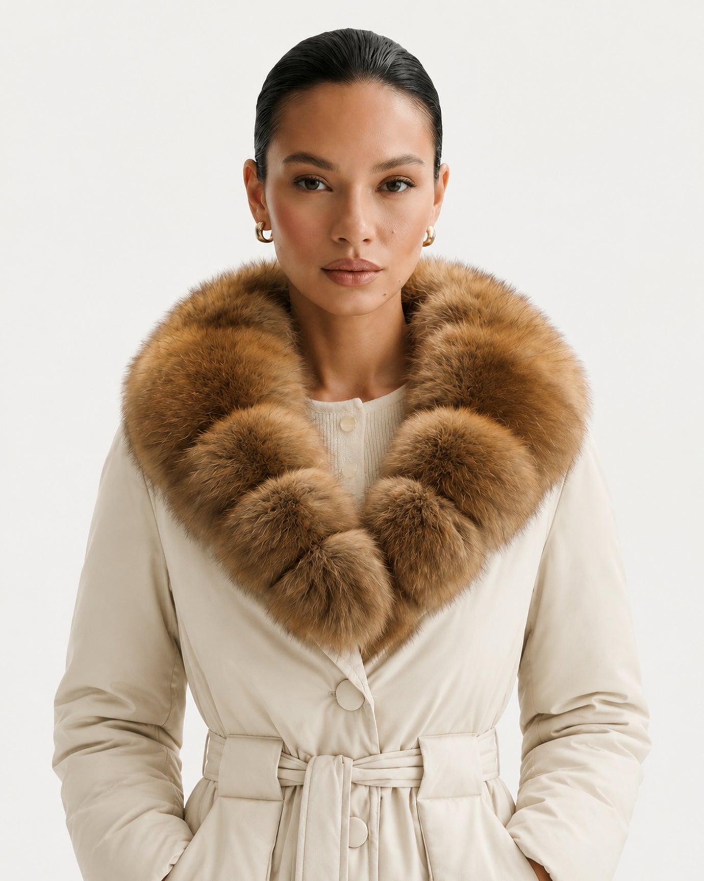 Fox Fur Collar Down Jacket With Belt