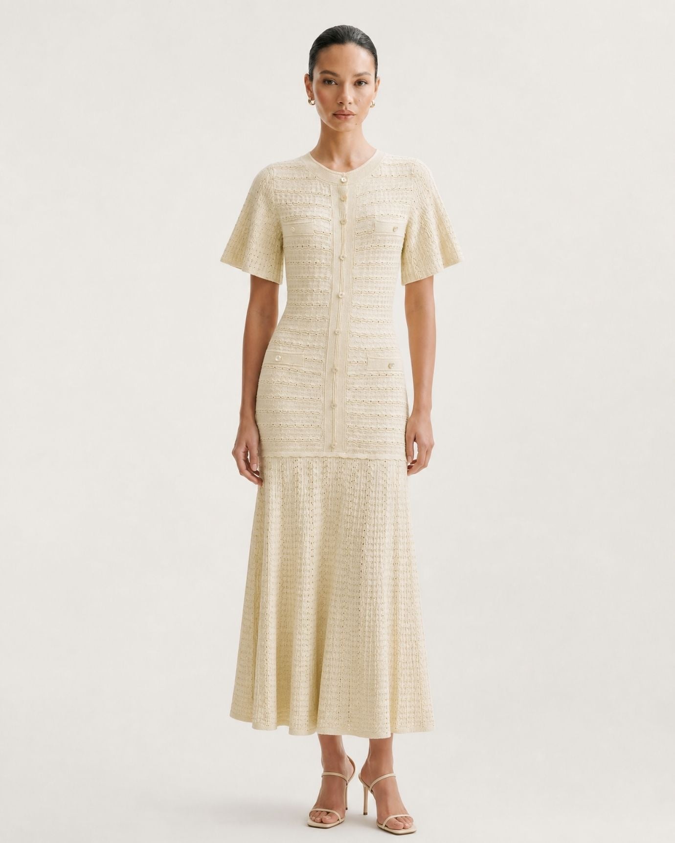 Anna Rhinestone Short-Sleeve Round-Neck Celebrity Dress