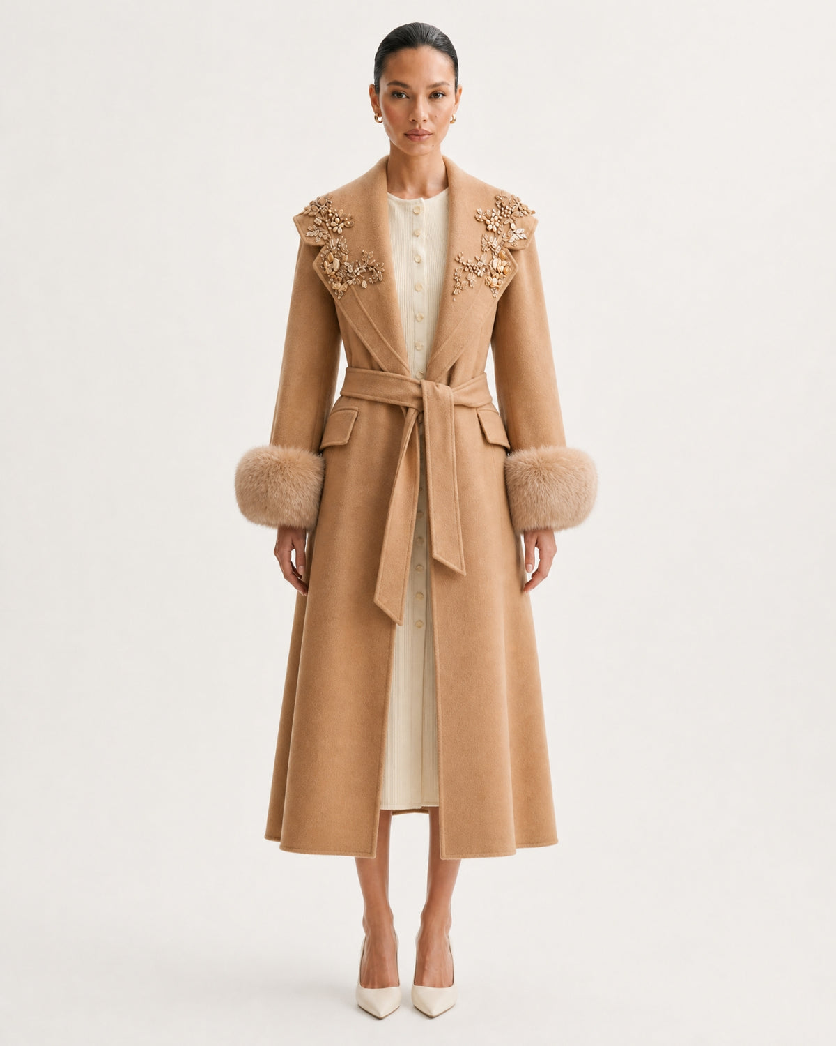 Hamptons Fox Fur Collar Embellished Wool Cashmere Coat