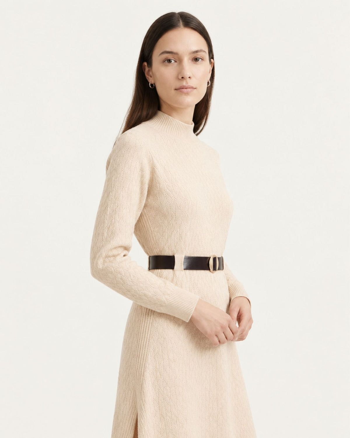 Apricot Elegant Tailored Long-Sleeve Knit Dress