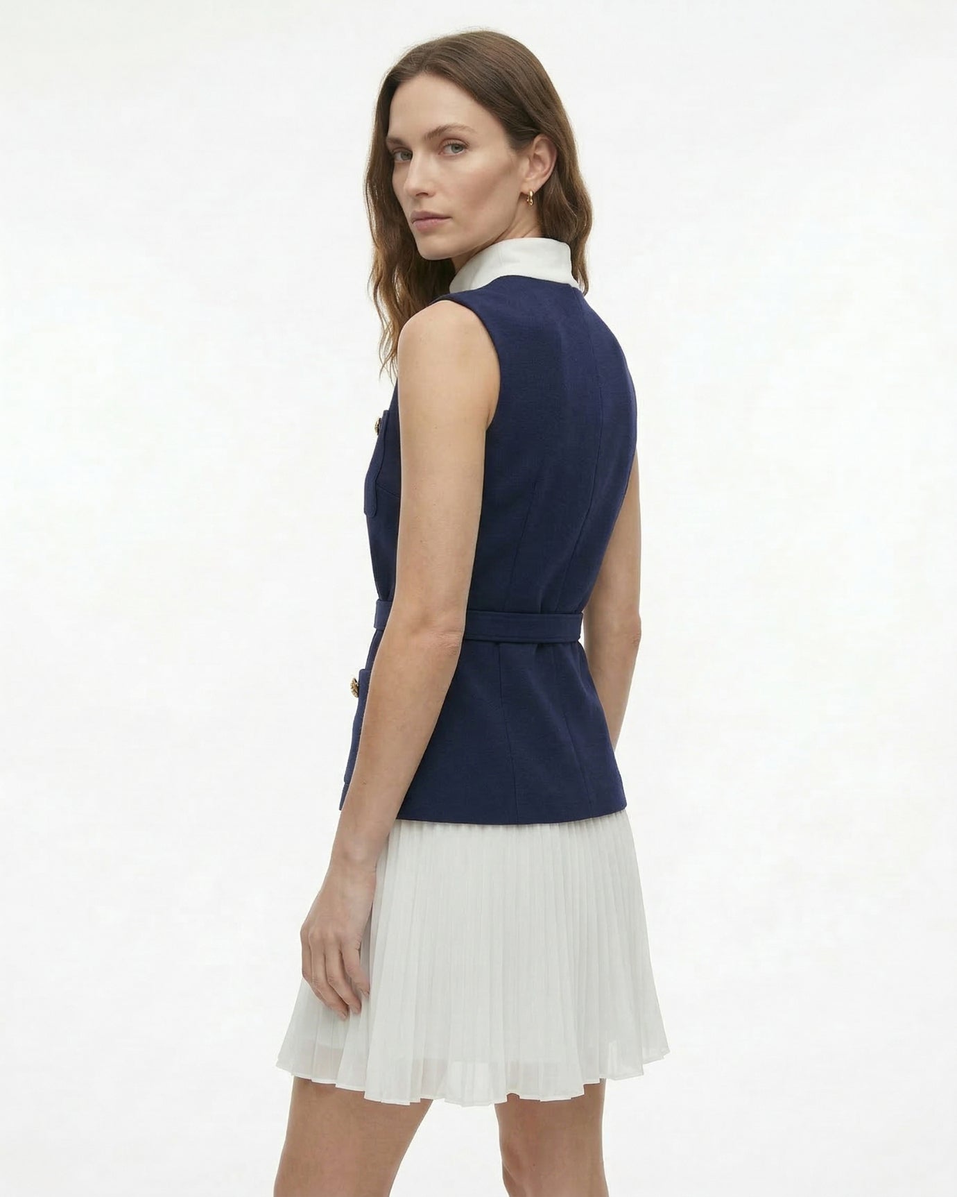 Contrast Collar Pleated Dress Sleeveless Two-Piece Style in Navy & White