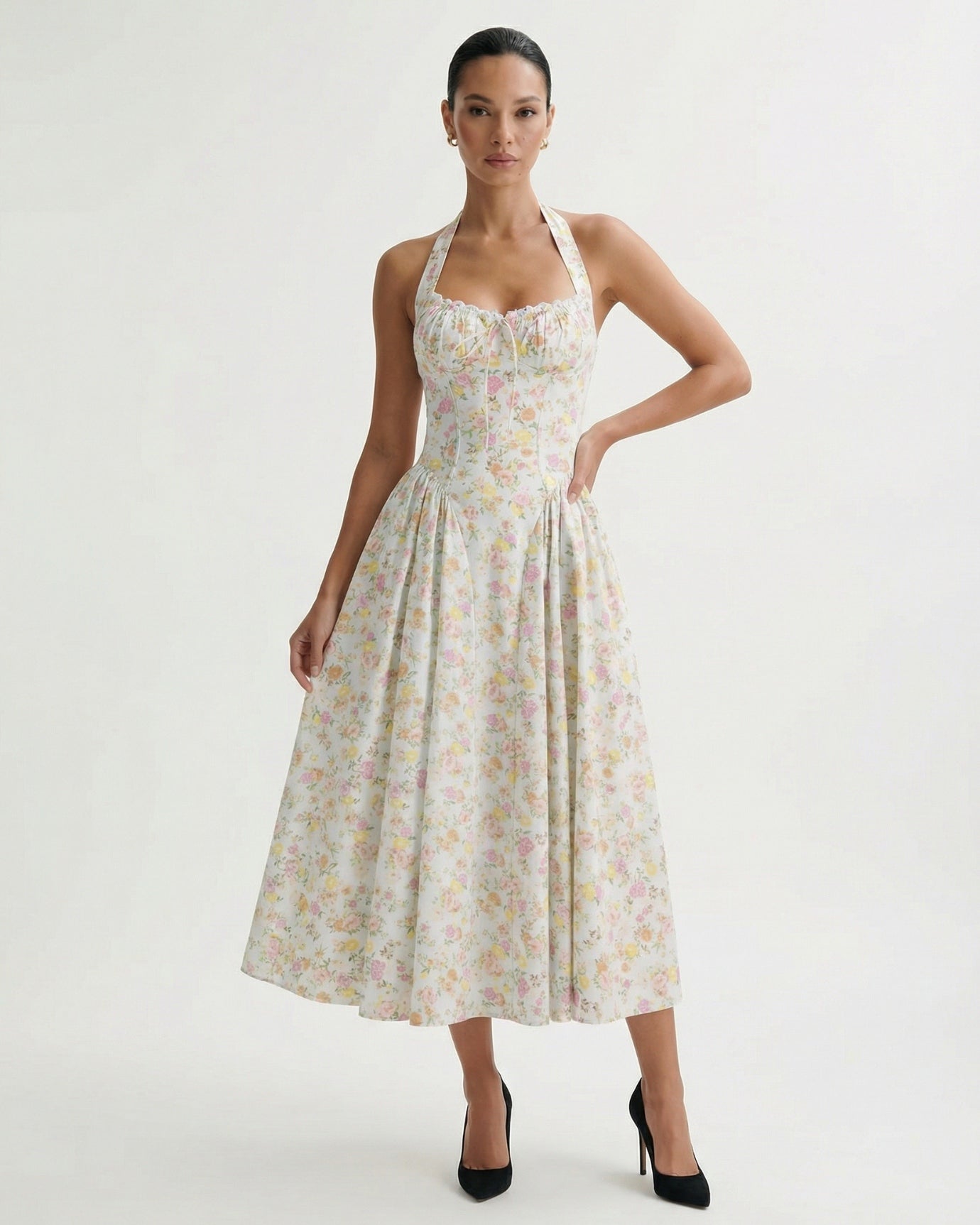 Halter-Kleid Santorini mit zartblauen und rosa Blumen