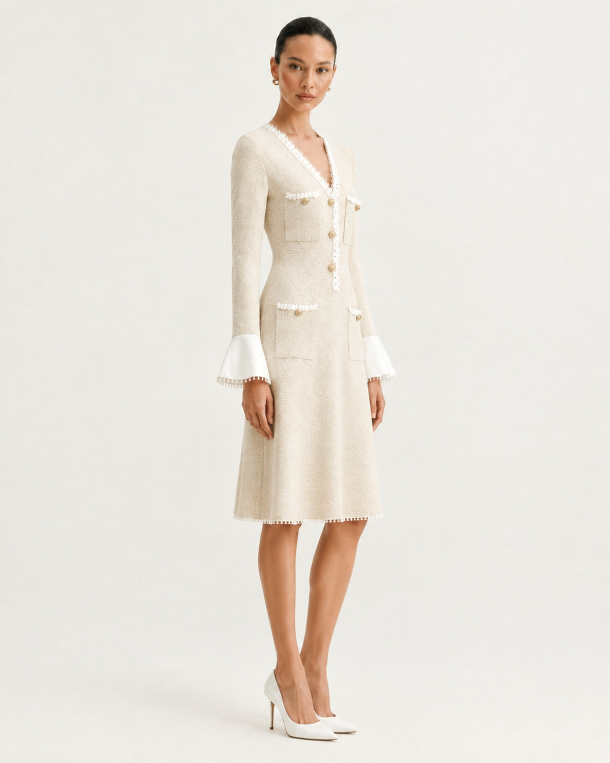 Georgina Long-Sleeve Cutout Ruffle Knit Dress