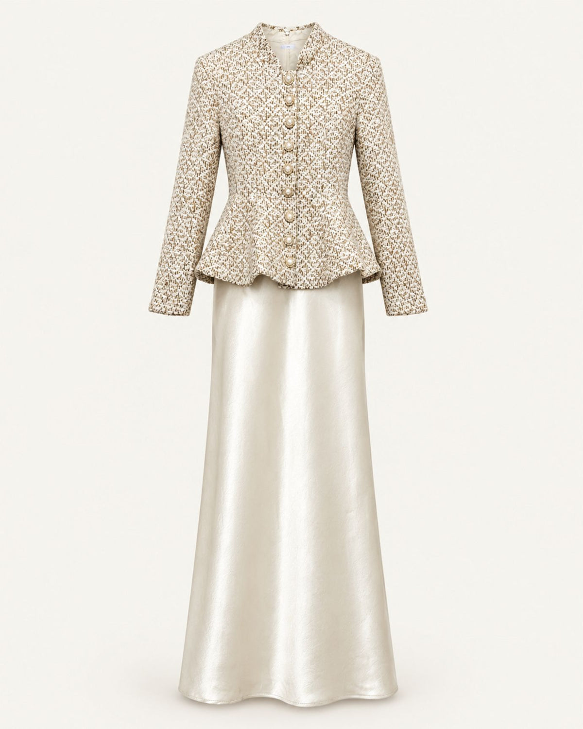 Long-Sleeve Button-Front Illusion Mermaid Champagne Dress
