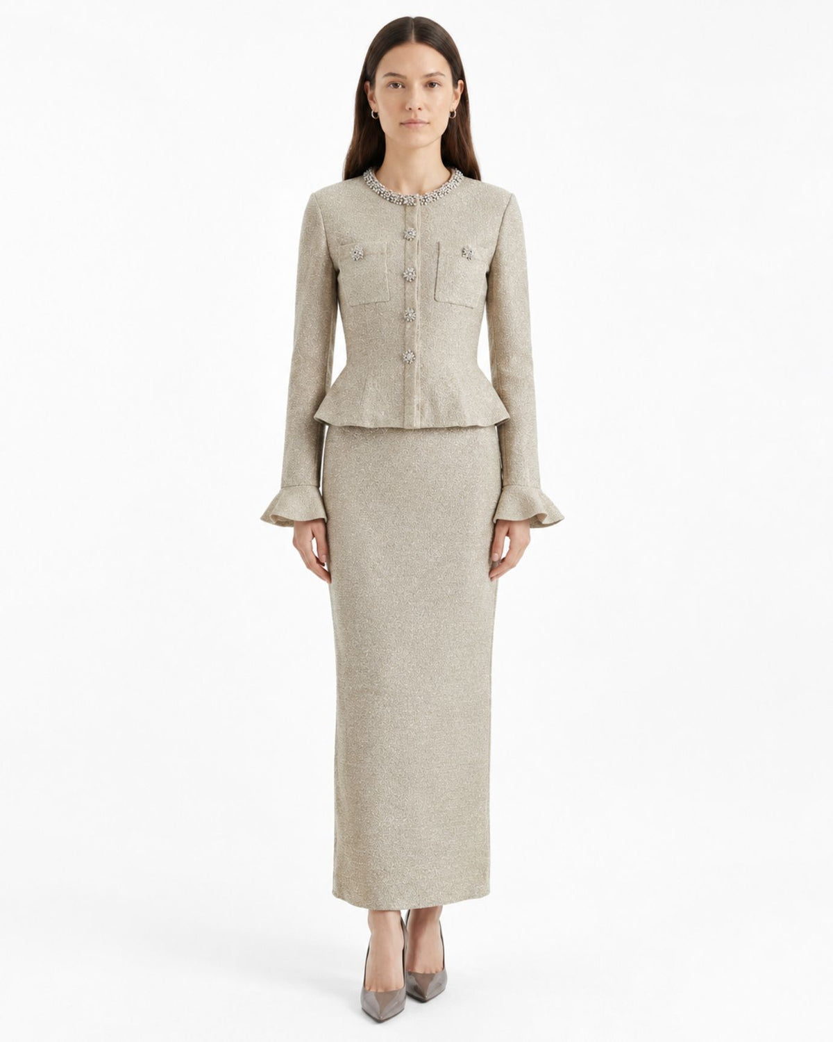 Divina Crystal-Embellished Flared-Sleeve Knit Dress Light Brown