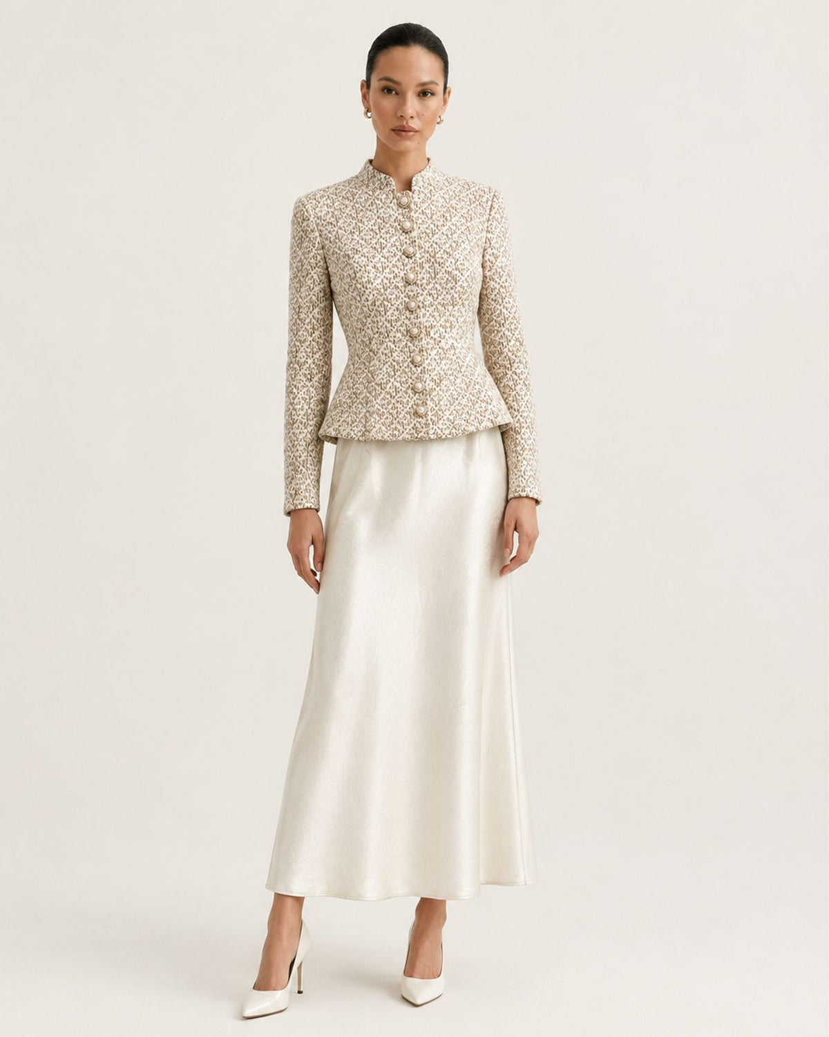 Long-Sleeve Button-Front Illusion Mermaid Champagne Dress