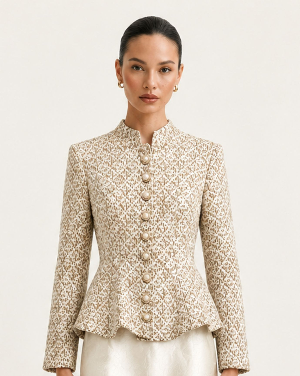 Long-Sleeve Button-Front Illusion Mermaid Champagne Dress