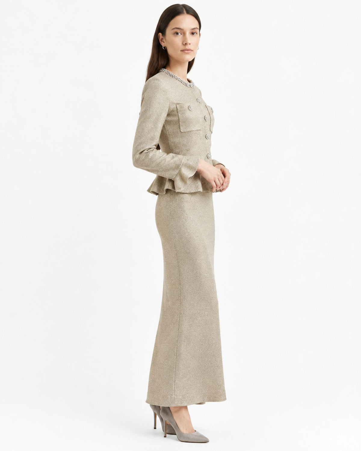 Divina Crystal-Embellished Flared-Sleeve Knit Dress Light Brown
