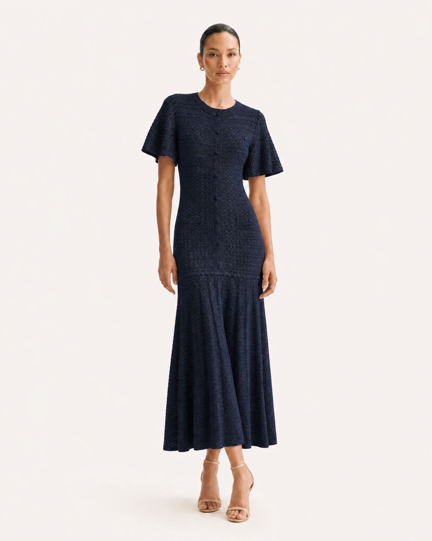 Anna Rhinestone Short-Sleeve Round-Neck Celebrity Dress