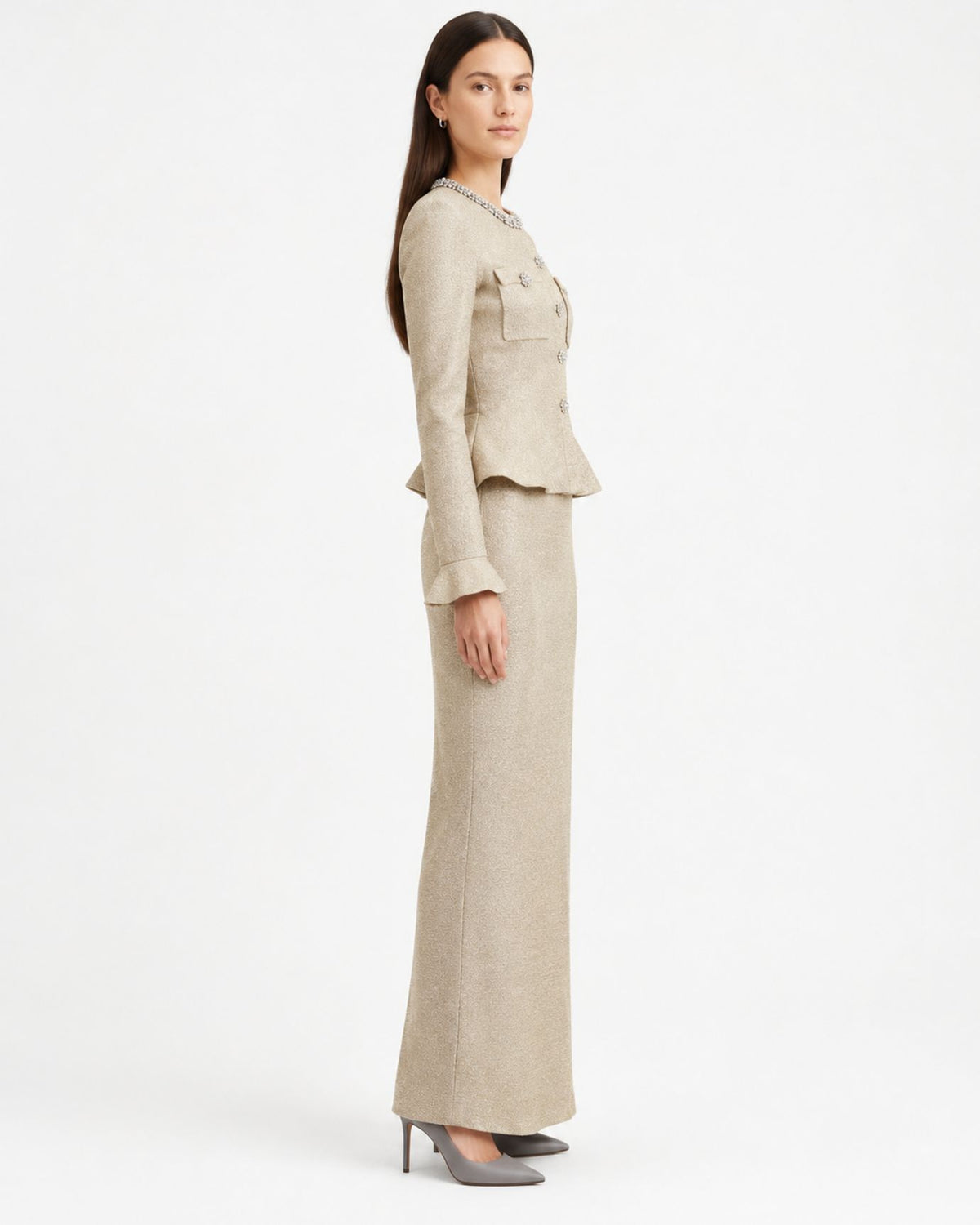 Divina Crystal-Embellished Flared-Sleeve Knit Dress Light Brown