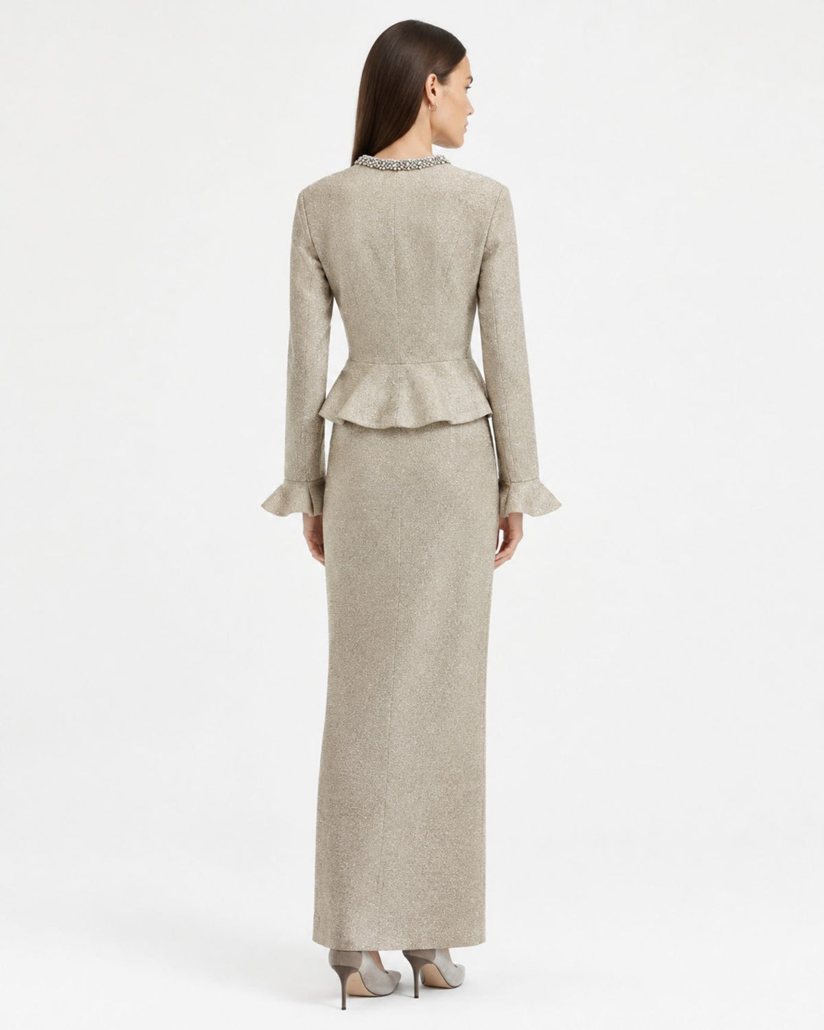 Divina Crystal-Embellished Flared-Sleeve Knit Dress Light Brown