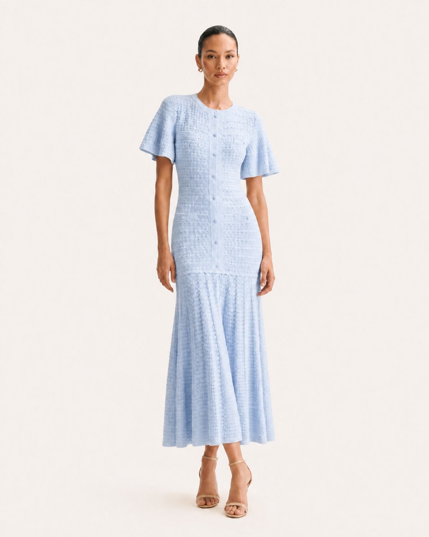 Anna Rhinestone Short-Sleeve Round-Neck Celebrity Dress