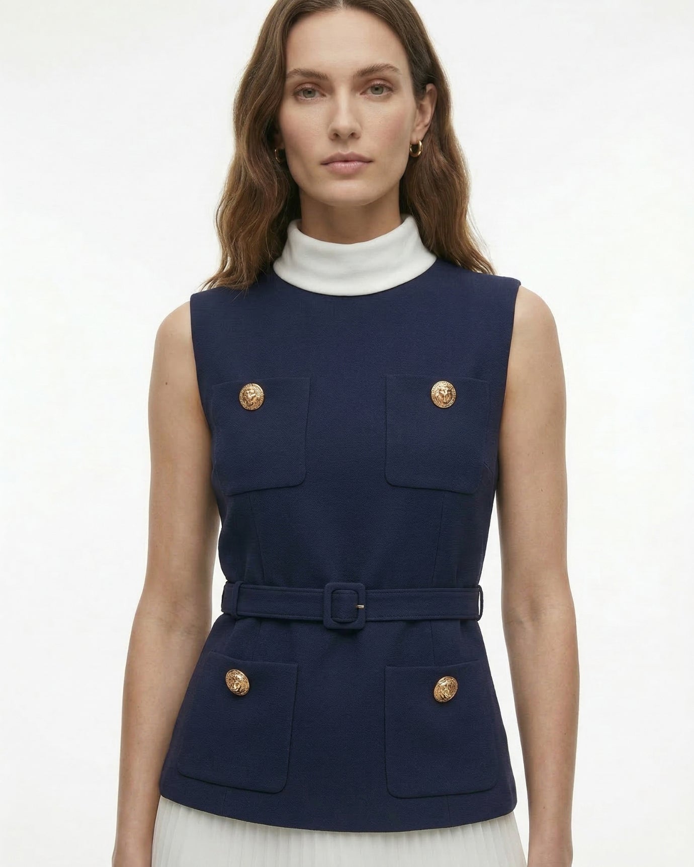 Contrast Collar Pleated Dress Sleeveless Two-Piece Style in Navy & White