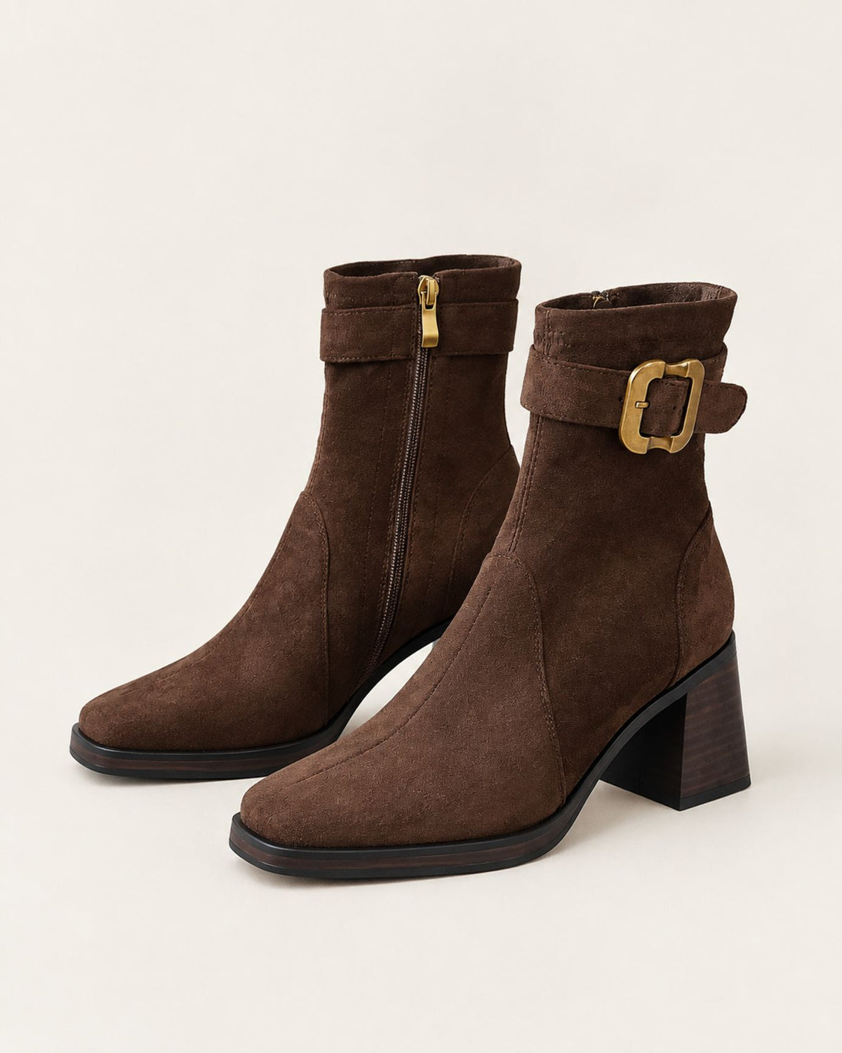 Suede Leather Square-Toe Ankle Boots