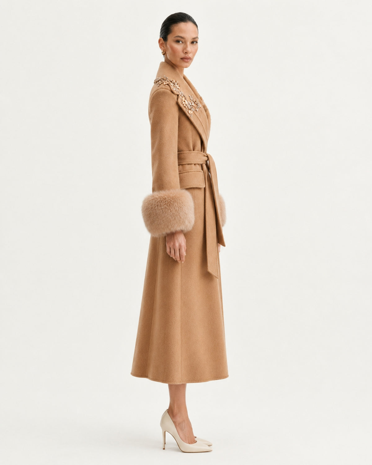 Hamptons Fox Fur Collar Embellished Wool Cashmere Coat
