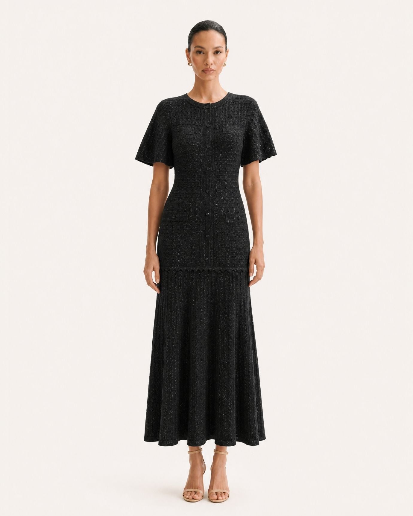 Anna Rhinestone Short-Sleeve Round-Neck Celebrity Dress