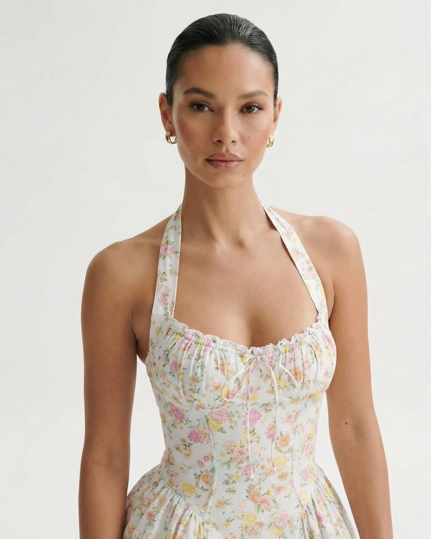 Halter-Kleid Santorini mit zartblauen und rosa Blumen