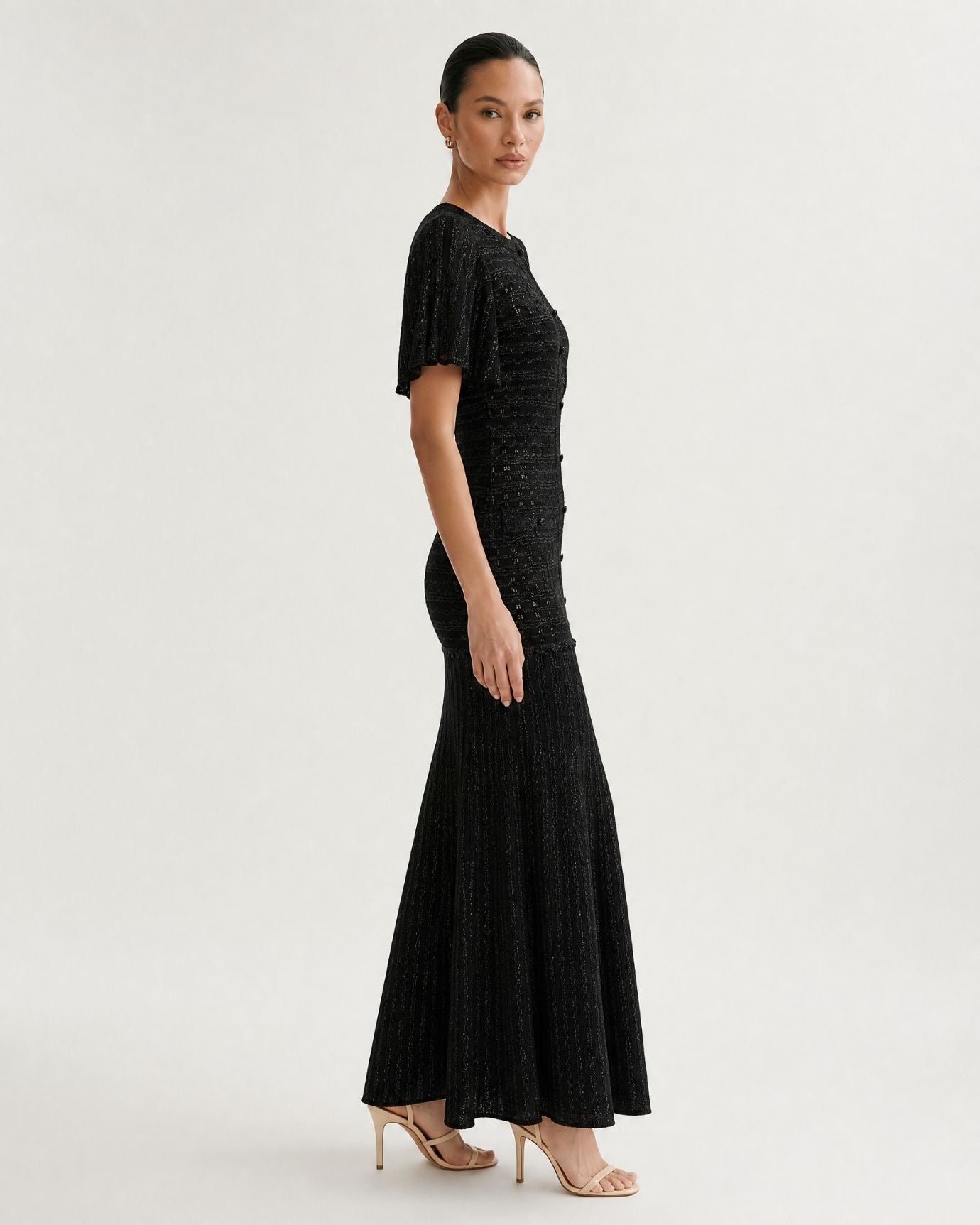 Anna Rhinestone Short-Sleeve Round-Neck Celebrity Dress