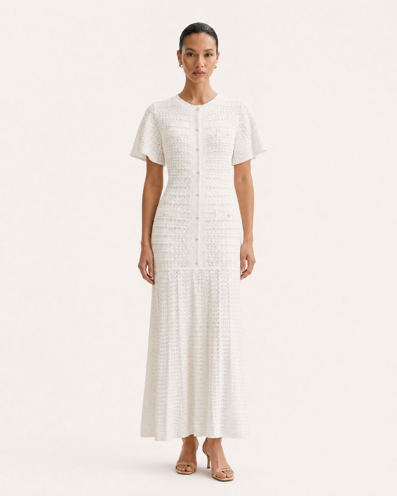 Anna Rhinestone Short-Sleeve Round-Neck Celebrity Dress