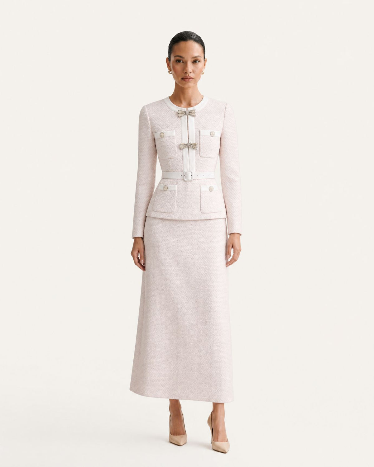 Mary Beaded Belt Slimming Top Knitwear + Skirt