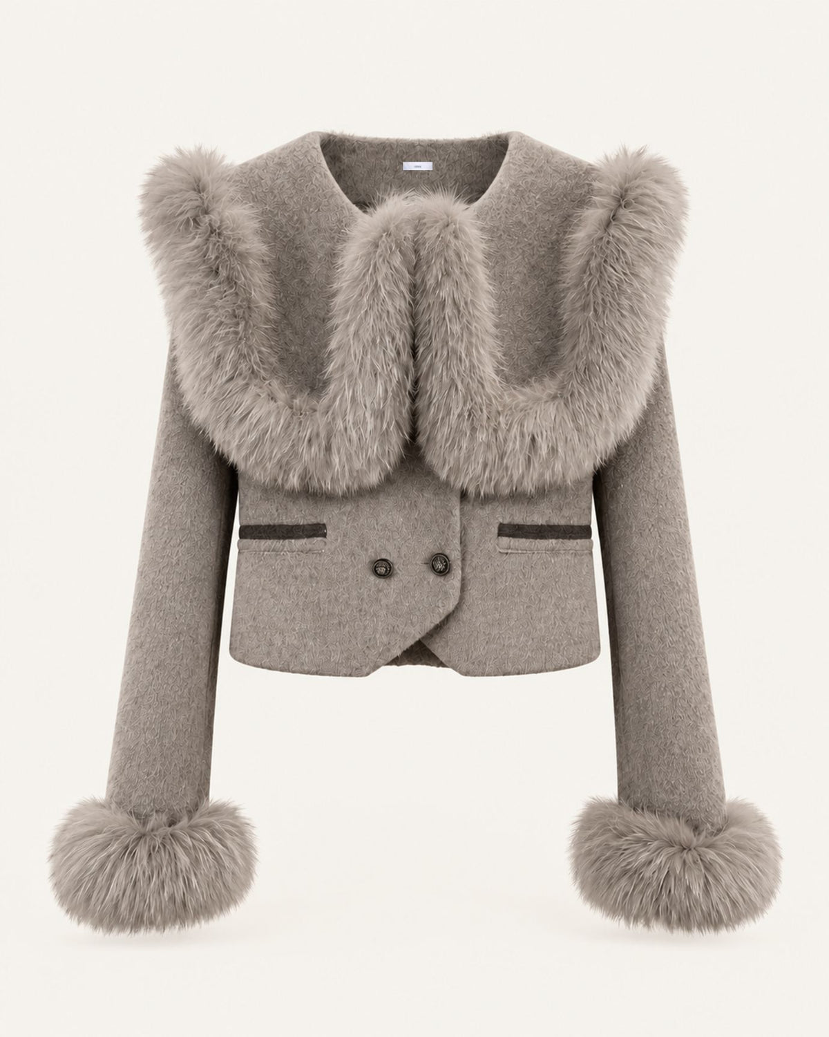 High-Waisted Cropped Cashmere Coat with Fox Fur Collar
