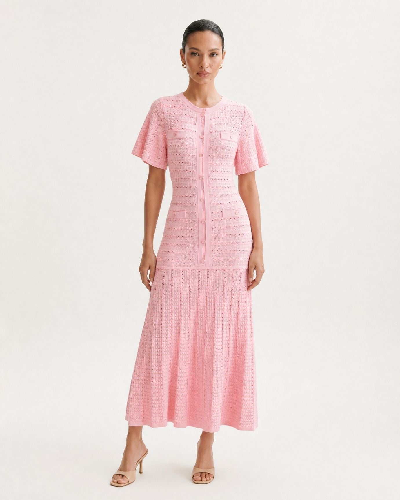 Anna Rhinestone Short-Sleeve Round-Neck Celebrity Dress