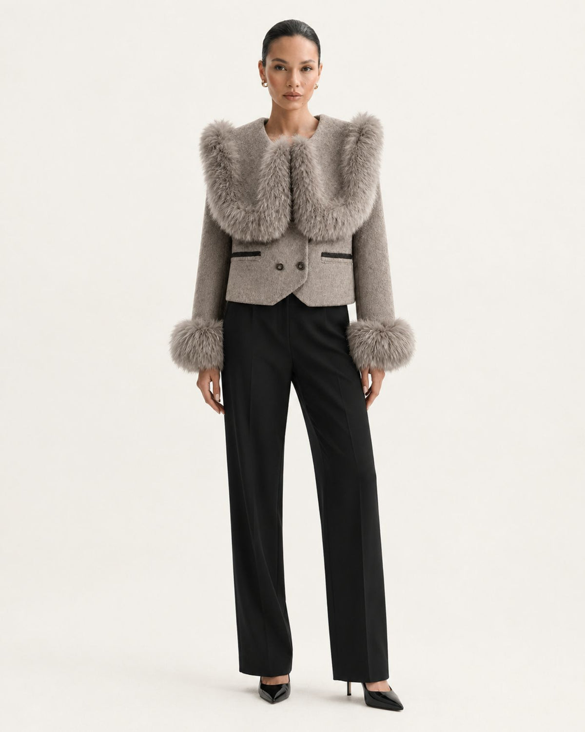 High-Waisted Cropped Cashmere Coat with Fox Fur Collar