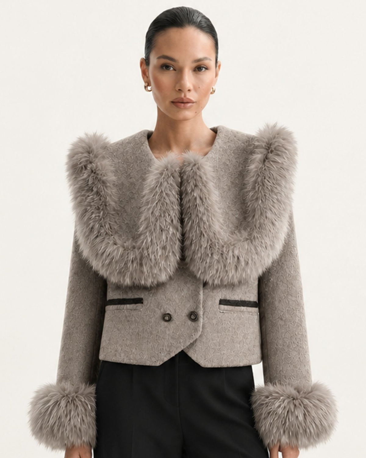 High-Waisted Cropped Cashmere Coat with Fox Fur Collar