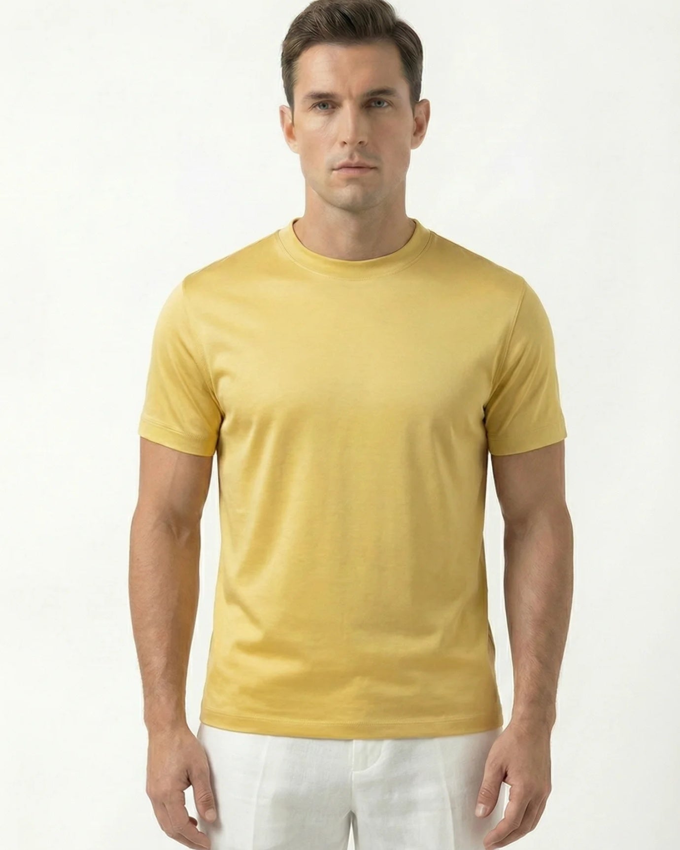 High-Count Dark Yellow Mercerized Cotton Round Neck Breathable T-Shirt