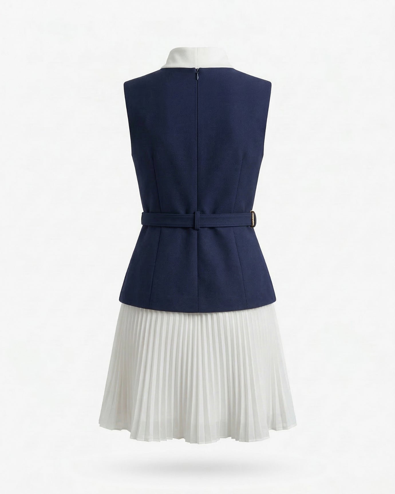 Contrast Collar Pleated Dress Sleeveless Two-Piece Style in Navy & White