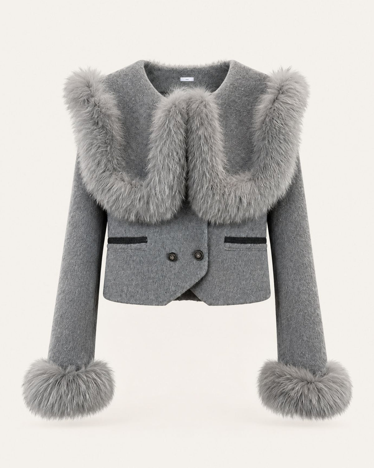 High-Waisted Cropped Cashmere Coat with Fox Fur Collar