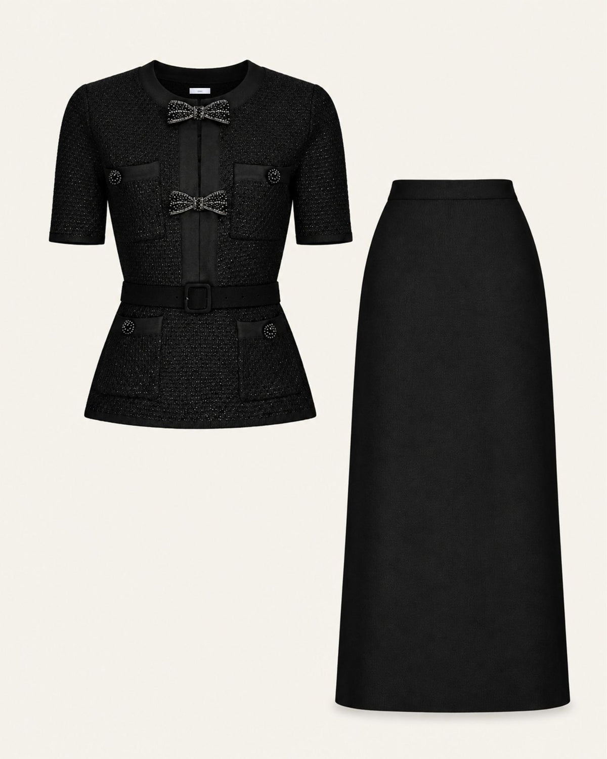 Mary Beaded Belt Slimming Top Knitwear + Skirt