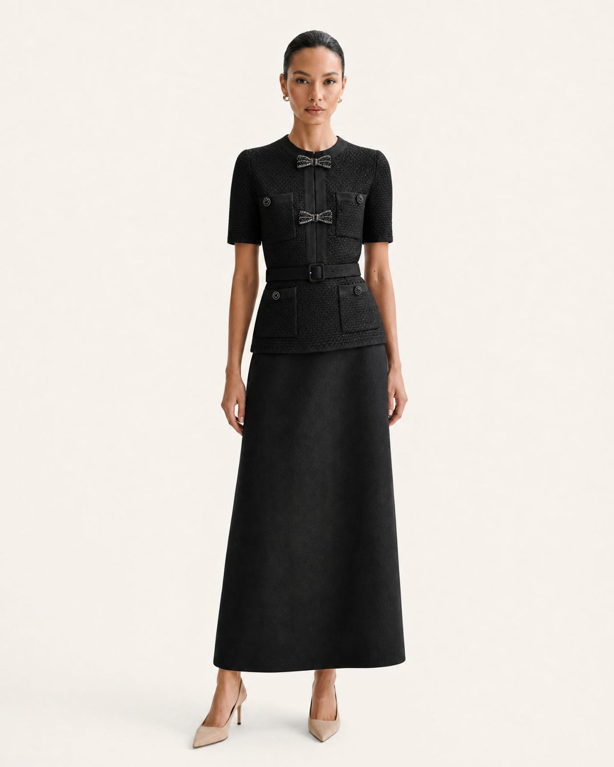 Mary Beaded Belt Slimming Top Knitwear + Skirt