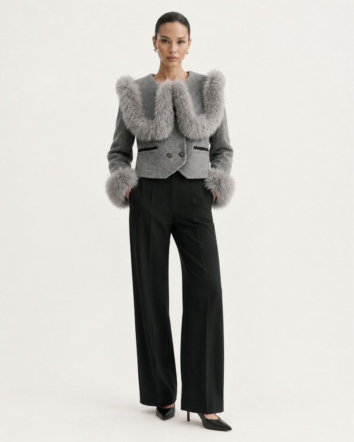 High-Waisted Cropped Cashmere Coat with Fox Fur Collar