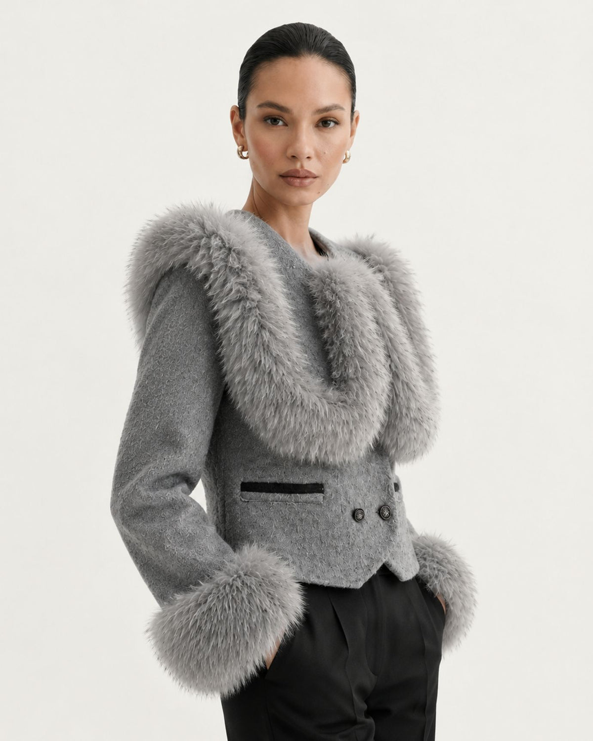 High-Waisted Cropped Cashmere Coat with Fox Fur Collar
